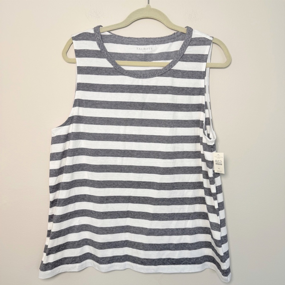 NWT Women's Talbots 100% Cotton Heather Gray Striped Tank Top Scoop Neck SZ XL